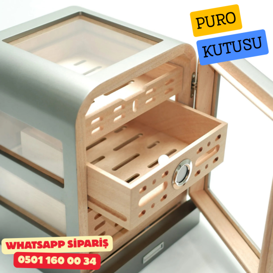Cohiba - Aksesuar Çekmeceli Camlı Sedir Humidor Puro Kutusu (Gunmetal)