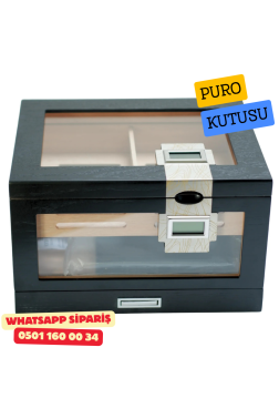 Çift Nem Ölçerli Camlı Sedir Humidor Puro Kutusu (Siyah)