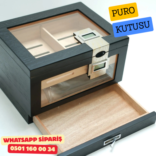 Çift Nem Ölçerli Camlı Sedir Humidor Puro Kutusu (Siyah)