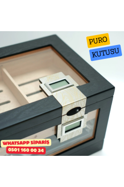Çift Nem Ölçerli Camlı Sedir Humidor Puro Kutusu (Siyah)