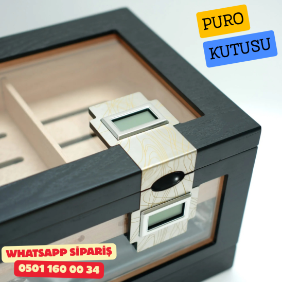 Çift Nem Ölçerli Camlı Sedir Humidor Puro Kutusu (Siyah)