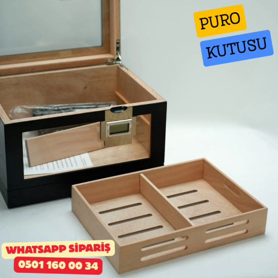 Çift Nem Ölçerli Camlı Sedir Humidor Puro Kutusu (Siyah)