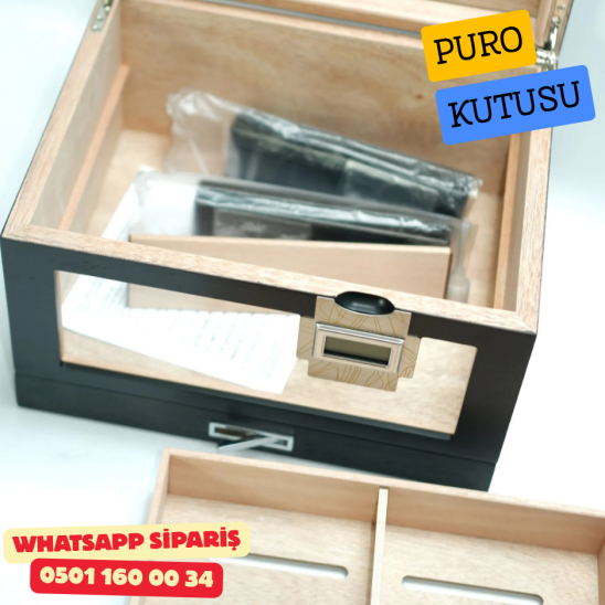 Çift Nem Ölçerli Camlı Sedir Humidor Puro Kutusu (Siyah)