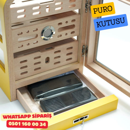 Cohiba - Aksesuar Çekmeceli Camlı Sedir Humidor Puro Kutusu (Sarı–Siyah)