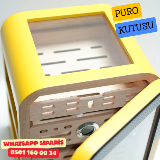 Cohiba - Aksesuar Çekmeceli Camlı Sedir Humidor Puro Kutusu (Sarı–Siyah)