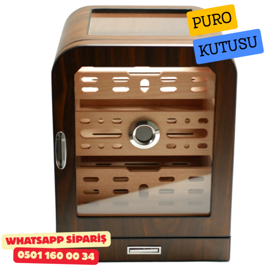 Cohiba - Aksesuar Çekmeceli Camlı Sedir Humidor Puro Kutusu (Kahverengi)