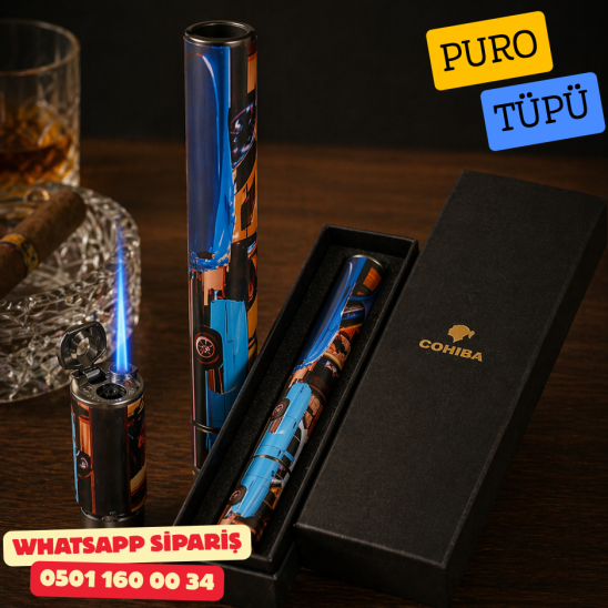 Cohiba Çakmak ve Puro Tüpü Küba Sokakları Desenli