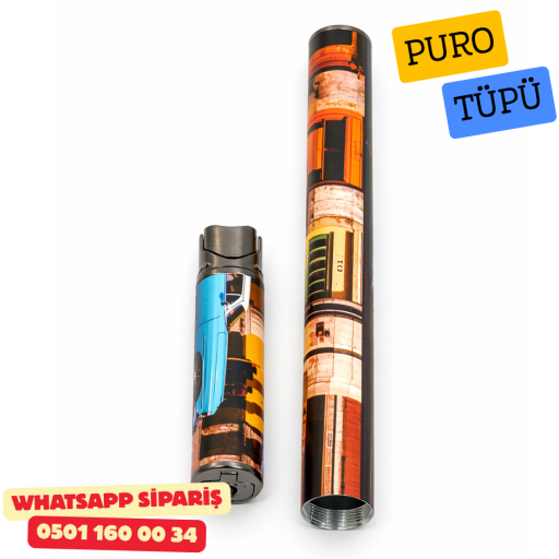 Cohiba Çakmak ve Puro Tüpü Küba Sokakları Desenli