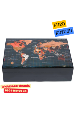 Dünya Haritası Desenli Sedir Humidor Puro Kutusu (Siyah)