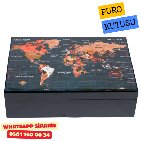 Dünya Haritası Desenli Sedir Humidor Puro Kutusu (Siyah) Dünya Haritası Desenli Sedir Humidor Puro Kutusu (Siyah)