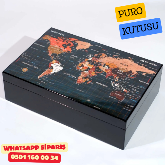Dünya Haritası Desenli Sedir Humidor Puro Kutusu (Siyah) Dünya Haritası Desenli Sedir Humidor Puro Kutusu (Siyah)