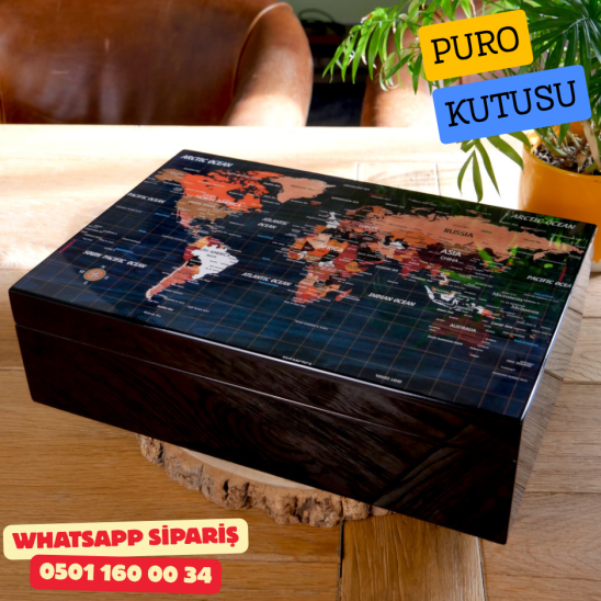 Dünya Haritası Desenli Sedir Humidor Puro Kutusu (Siyah) Dünya Haritası Desenli Sedir Humidor Puro Kutusu (Siyah)