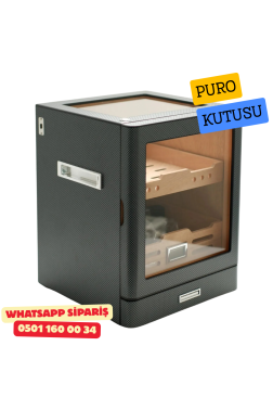 Karbon Aksesuar Çekmeceli Camlı İçi Ledli Humidor Puro Kutusu