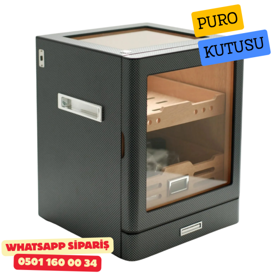 Karbon Aksesuar Çekmeceli Camlı İçi Ledli Humidor Puro Kutusu