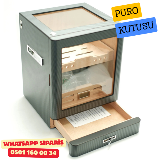 Karbon Aksesuar Çekmeceli Camlı İçi Ledli Humidor Puro Kutusu