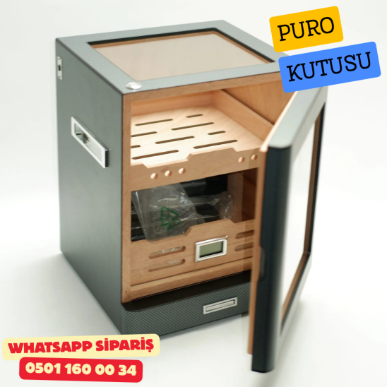 Karbon Aksesuar Çekmeceli Camlı İçi Ledli Humidor Puro Kutusu