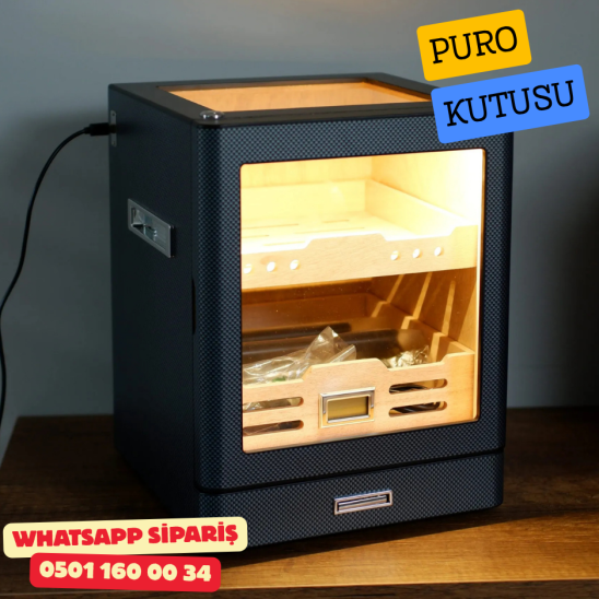 Karbon Aksesuar Çekmeceli Camlı İçi Ledli Humidor Puro Kutusu