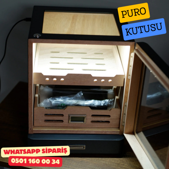 Karbon Aksesuar Çekmeceli Camlı İçi Ledli Humidor Puro Kutusu