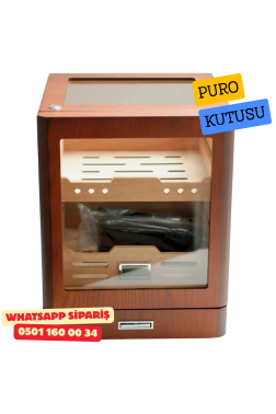Kahverengi Aksesuar Çekmeceli Camlı İçi Ledli Humidor Puro Kutusu