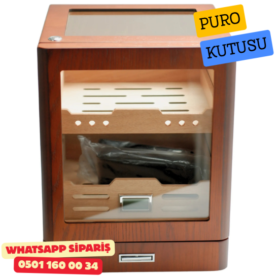 Kahverengi Aksesuar Çekmeceli Camlı İçi Ledli Humidor Puro Kutusu