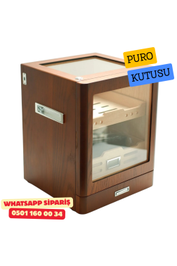Kahverengi Aksesuar Çekmeceli Camlı İçi Ledli Humidor Puro Kutusu Kahverengi Aksesuar Çekmeceli Camlı İçi Ledli Humidor Puro Kutusu