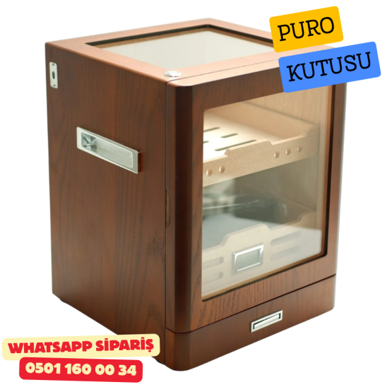 Kahverengi Aksesuar Çekmeceli Camlı İçi Ledli Humidor Puro Kutusu