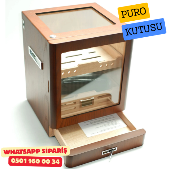 Kahverengi Aksesuar Çekmeceli Camlı İçi Ledli Humidor Puro Kutusu