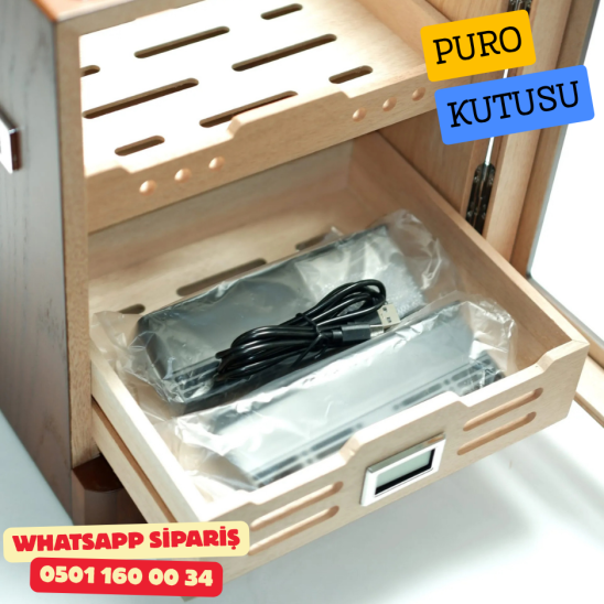 Kahverengi Aksesuar Çekmeceli Camlı İçi Ledli Humidor Puro Kutusu