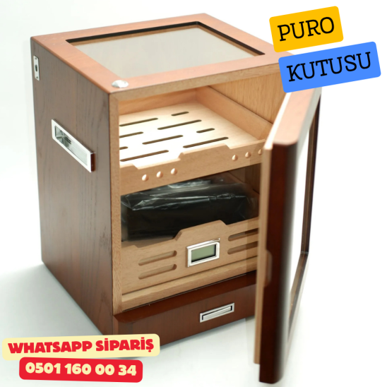 Kahverengi Aksesuar Çekmeceli Camlı İçi Ledli Humidor Puro Kutusu
