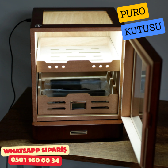 Kahverengi Aksesuar Çekmeceli Camlı İçi Ledli Humidor Puro Kutusu