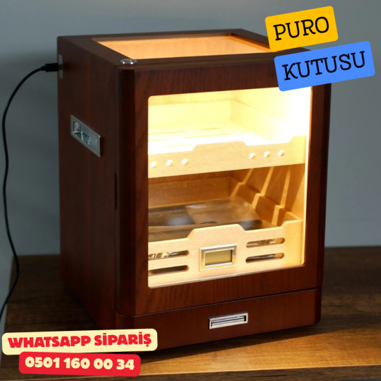 Kahverengi Aksesuar Çekmeceli Camlı İçi Ledli Humidor Puro Kutusu