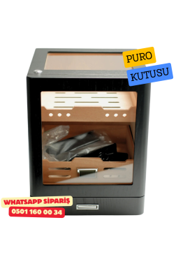 Siyah Aksesuar Çekmeceli Camlı İçi Ledli Humidor Puro Kutusu
