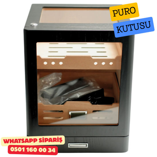 Siyah Aksesuar Çekmeceli Camlı İçi Ledli Humidor Puro Kutusu