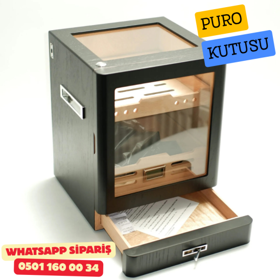 Siyah Aksesuar Çekmeceli Camlı İçi Ledli Humidor Puro Kutusu