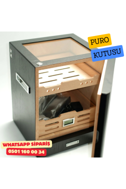 Siyah Aksesuar Çekmeceli Camlı İçi Ledli Humidor Puro Kutusu