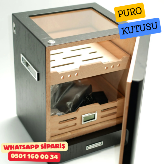 Siyah Aksesuar Çekmeceli Camlı İçi Ledli Humidor Puro Kutusu