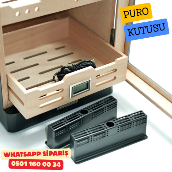 Siyah Aksesuar Çekmeceli Camlı İçi Ledli Humidor Puro Kutusu
