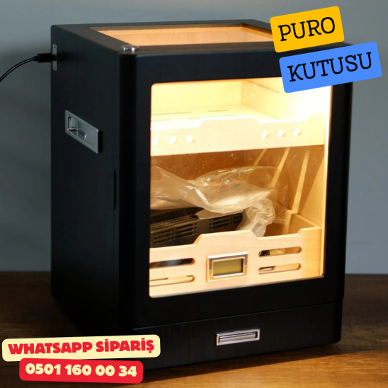 Siyah Aksesuar Çekmeceli Camlı İçi Ledli Humidor Puro Kutusu