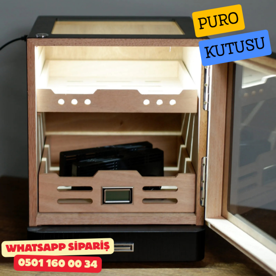 Siyah Aksesuar Çekmeceli Camlı İçi Ledli Humidor Puro Kutusu