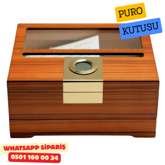 Puro Boyut Ölçüm Yüzeyli Camlı Sedir Humidor Puro Kutusu (Kahverengi)