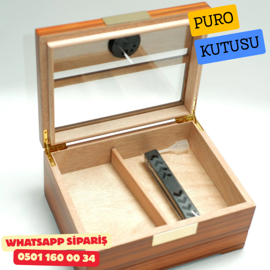 Puro Boyut Ölçüm Yüzeyli Camlı Sedir Humidor Puro Kutusu (Kahverengi)