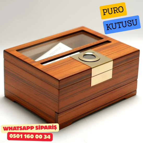 Puro Boyut Ölçüm Yüzeyli Camlı Sedir Humidor Puro Kutusu (Kahverengi)