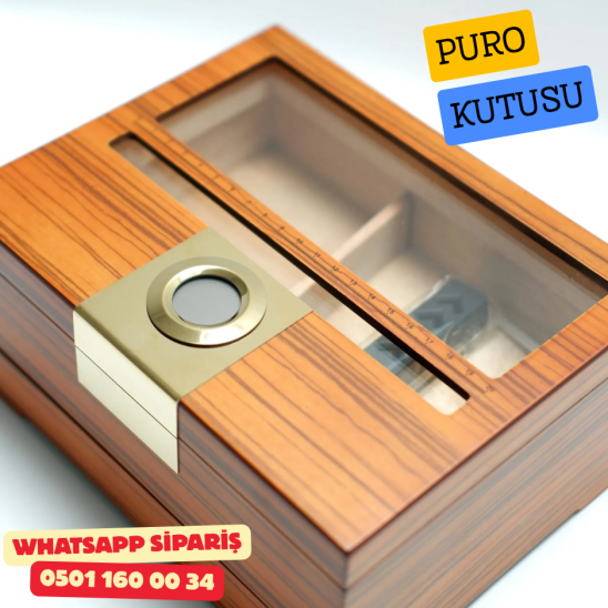 Puro Boyut Ölçüm Yüzeyli Camlı Sedir Humidor Puro Kutusu (Kahverengi)