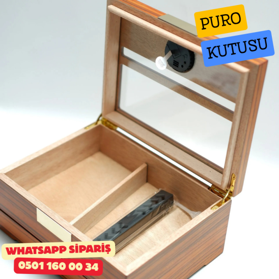 Puro Boyut Ölçüm Yüzeyli Camlı Sedir Humidor Puro Kutusu (Kahverengi)