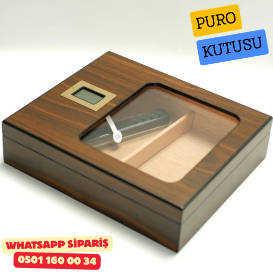 Premium Camlı Sedir Humidor Puro Saklama Kutusu (Ahşap Kahverengi)