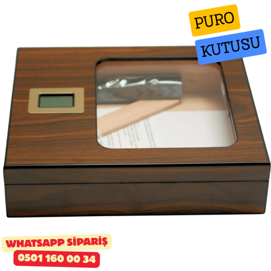 Premium Camlı Sedir Humidor Puro Saklama Kutusu (Ahşap Kahverengi)